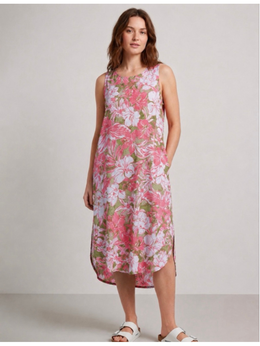 Cuddl Duds Pink Green Floral Sleeveless Midi Dress L
